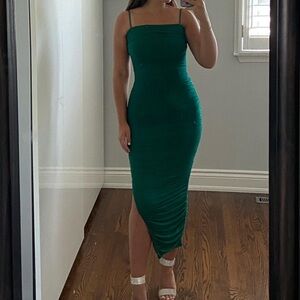 Emerald Green Bodycon Midi Dress with Spaghetti Straps
